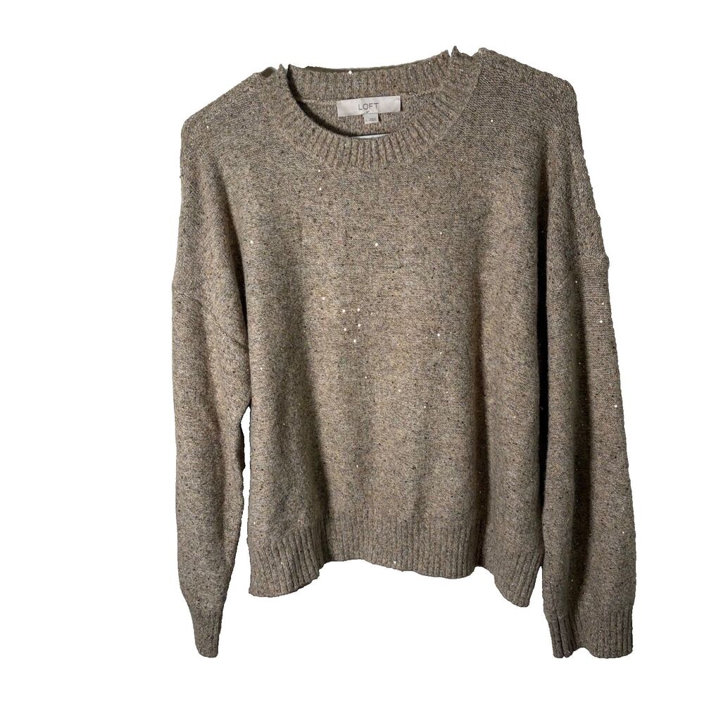 Loft Sweater Women's Large Brown Metallic Sequin Pullover Crew Neck Knit